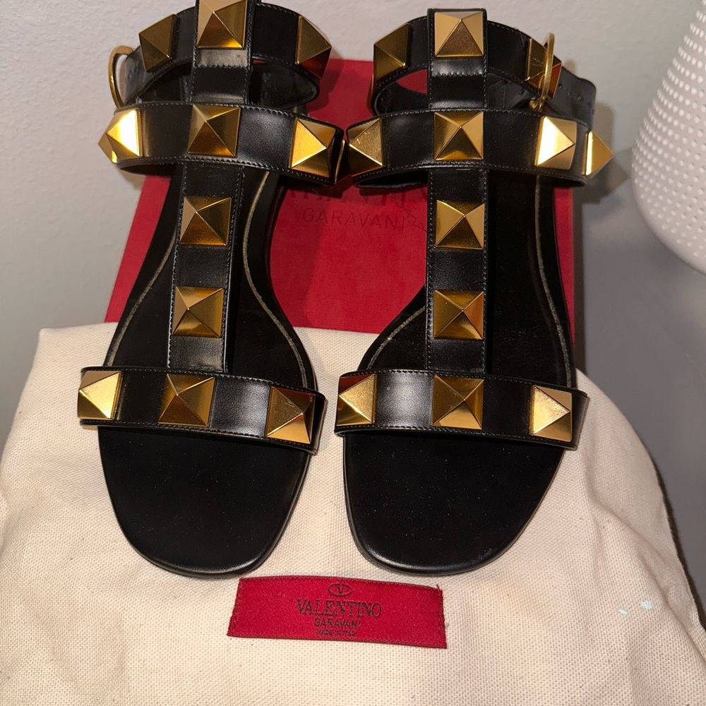 Valentino Black and Gold Studded Sandals